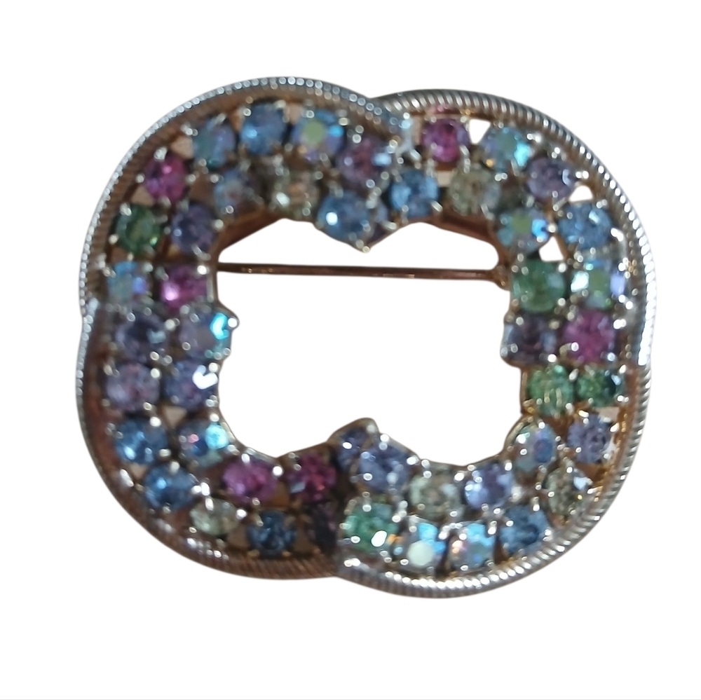 Vintage 80's Crystal Brooch Pin Encrusted Rhinestones Gold Filled Multi-Color